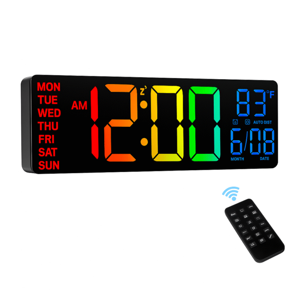 Large Digital Wall Clock with 8‑Colour RGB LED & Remote