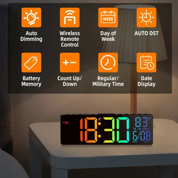 Large Digital Wall Clock with 8‑Colour RGB LED & Remote - Image 3