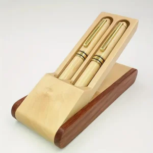 Luxury Wooden Round Ballpoint Pen Set – 2 Pens with Display Case
